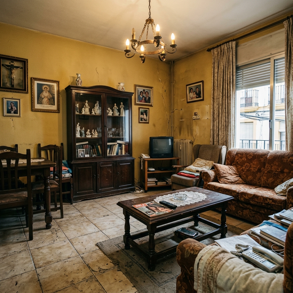 Dated Spanish apartment living room before renovation